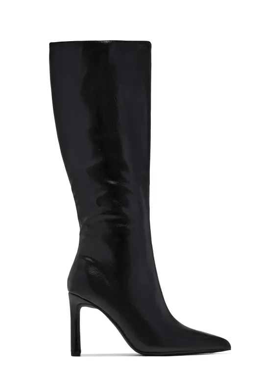 Monique Pointed Toe Knee High Stiletto Boots – Black made by Miss Lola