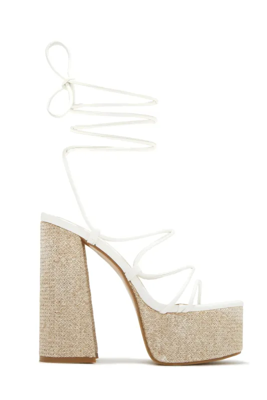 Brunch Al Fresco Lace Up Platform Block High Heels - White sold by Miss Lola