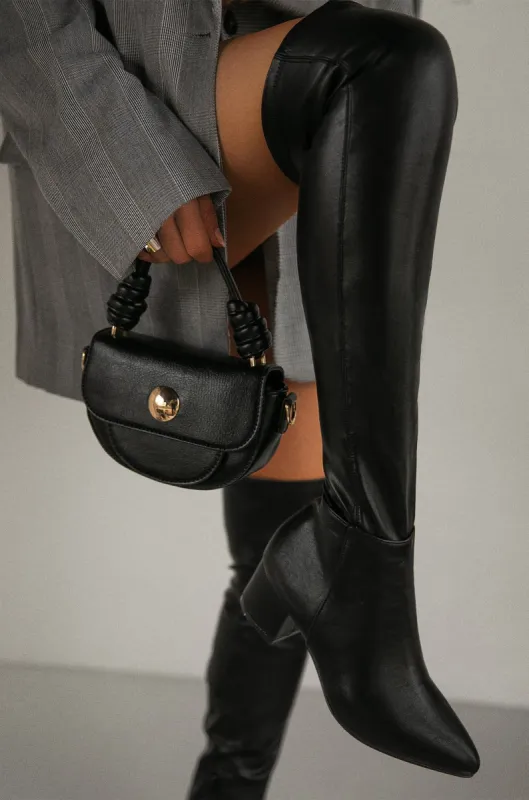 New Moon Over The Knee Block Heel Boots - Black PU sold by Miss Lola