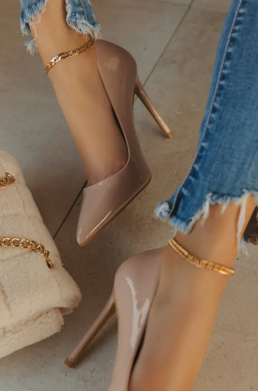 Flirty Ways Pointed Toe Patent Pumps - Nude sold by Miss Lola
