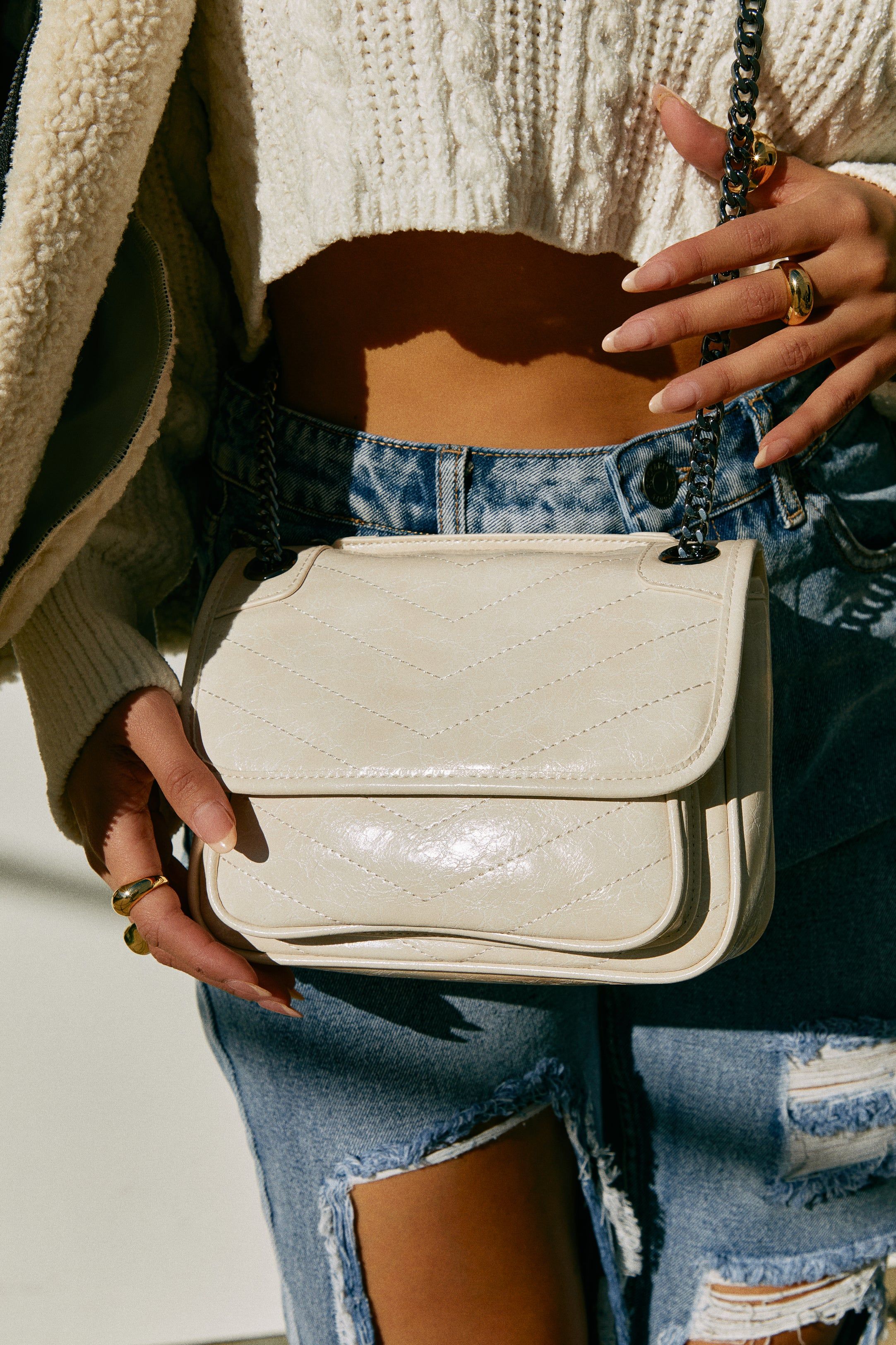 Alicia Quilted Flap Bag - Ivory sold by Miss Lola