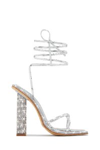 Crystal Embellished Lace Up High Heels - Silver sold by Miss Lola