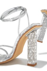 Crystal Embellished Lace Up High Heels - Silver sold by Miss Lola