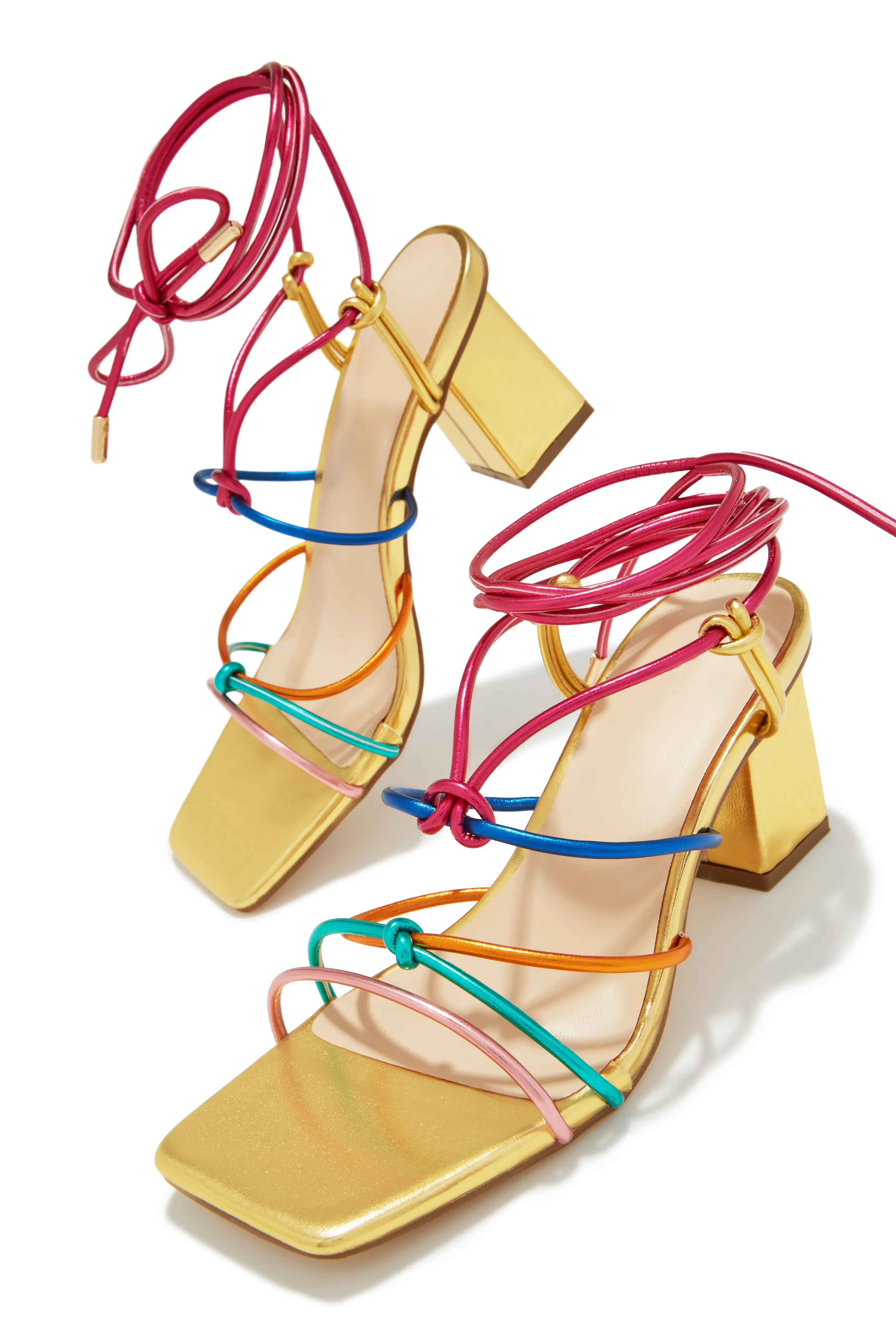 Cayla Lace Up Block Mid Heels - Gold Multi sold by Miss Lola product image thumbnail 4