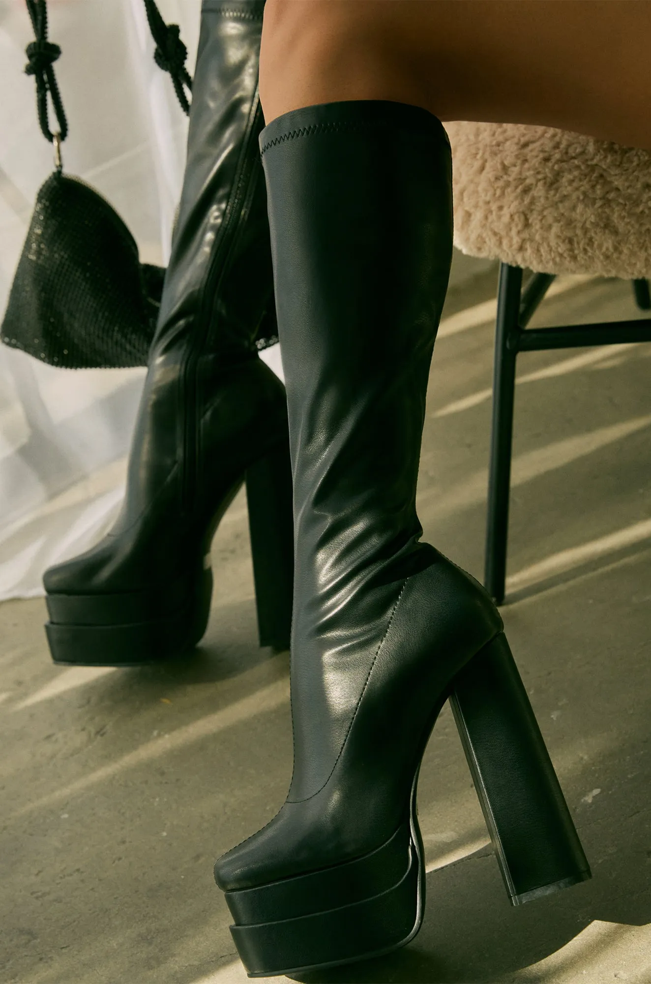 Alyna Below The Knee Platform Block Heel Boots - Black sold by Miss Lola product image thumbnail 2