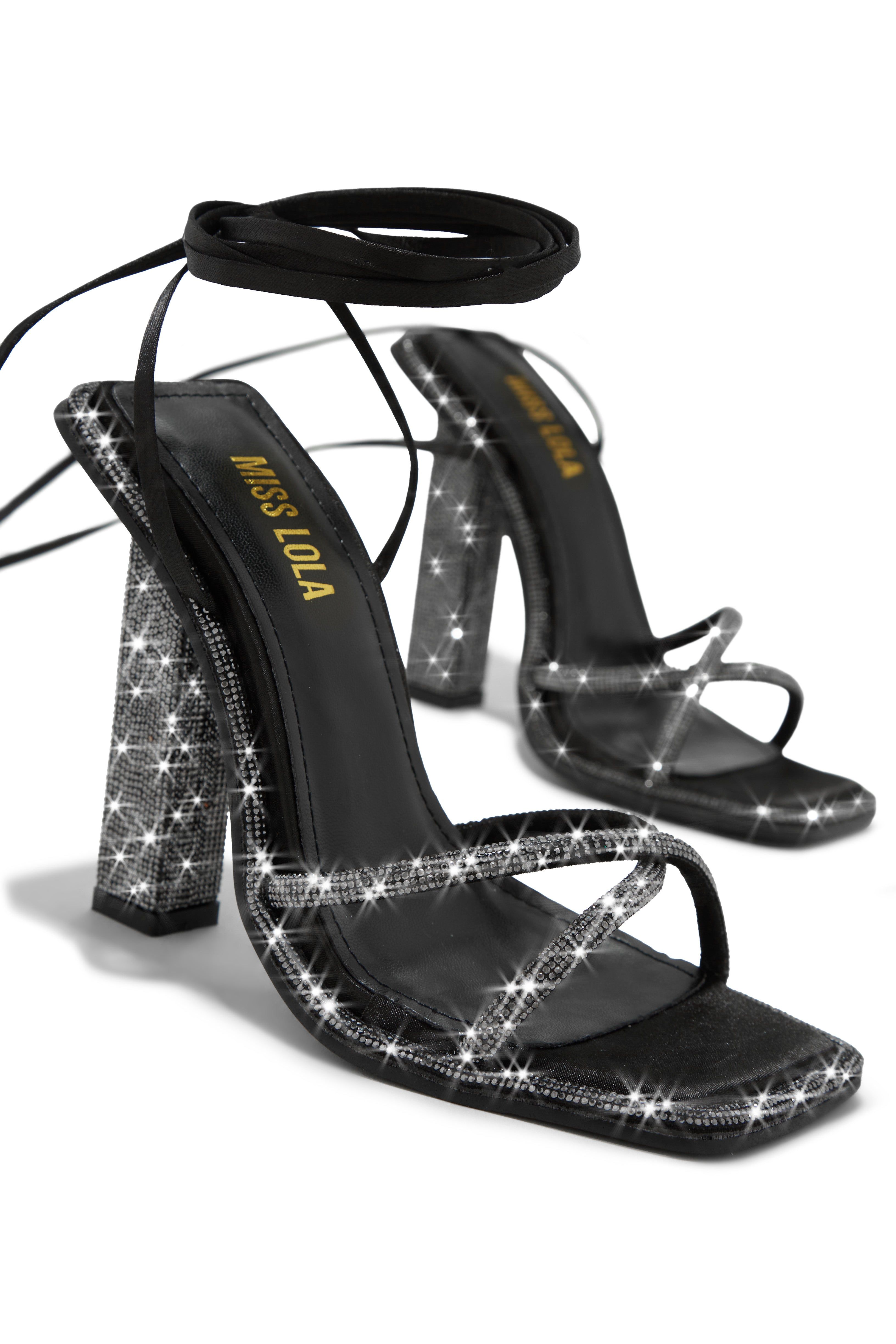 Crystal Embellished Lace Up High Heels - Black sold by Miss Lola product image thumbnail 2