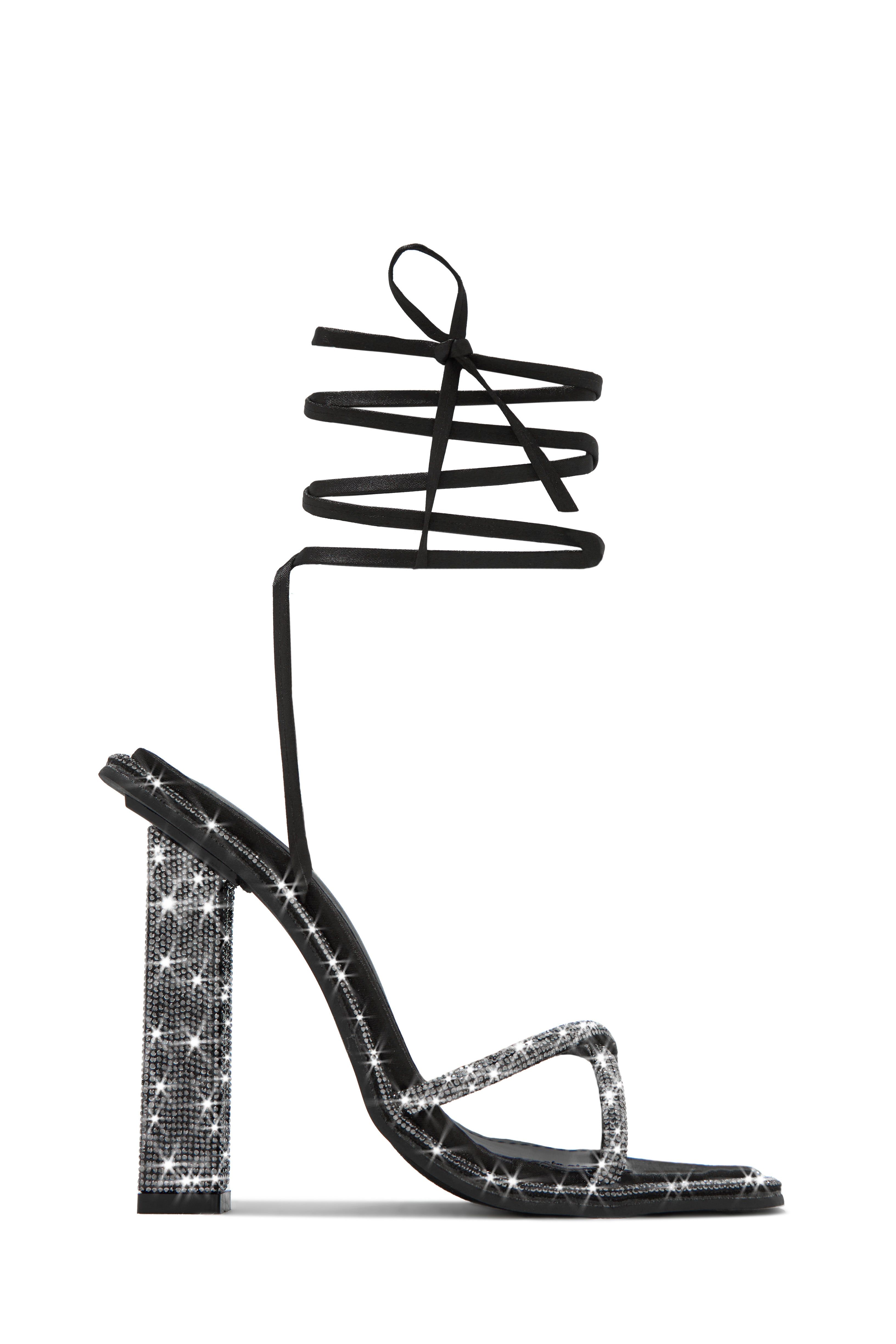 Crystal Embellished Lace Up High Heels - Black sold by Miss Lola