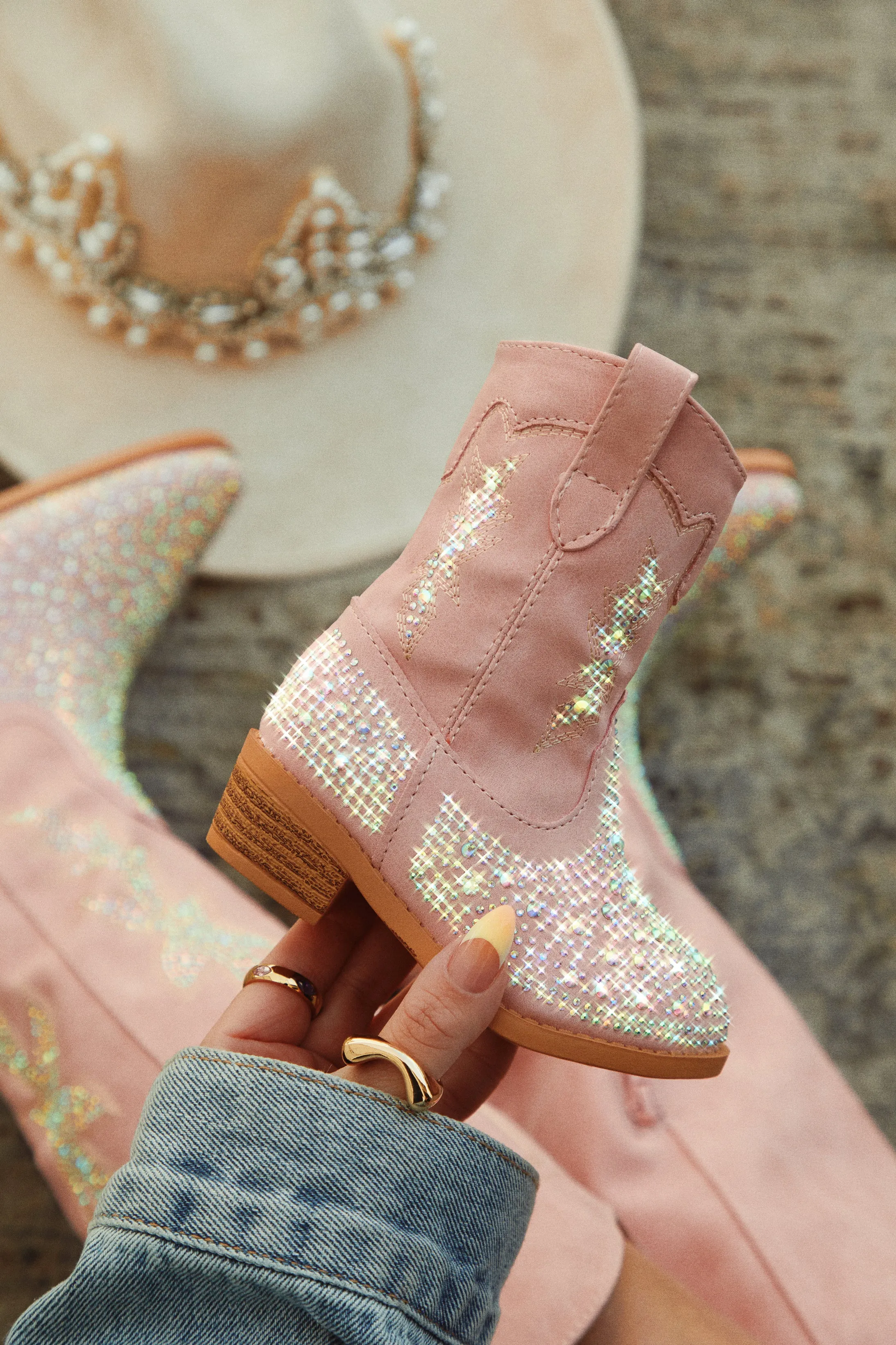 Mini Frankie Embellished Cowgirl Boots - Pink sold by Miss Lola