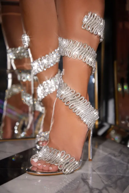Exotic Touch Embellished Coil Strap High Heels - Silver sold by Miss Lola