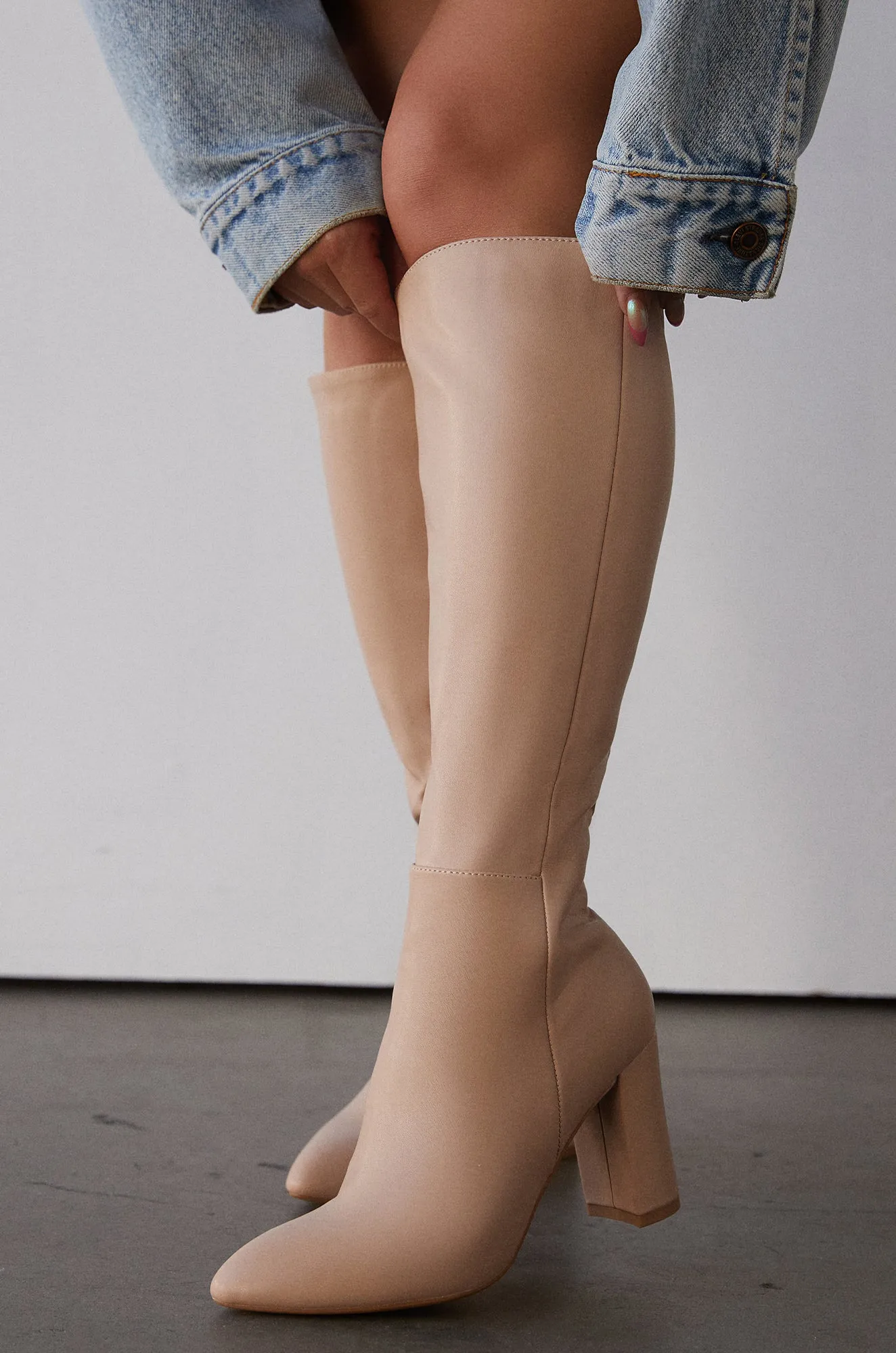 Fine Time Block Heel Knee High Boots - Nude sold by Miss Lola