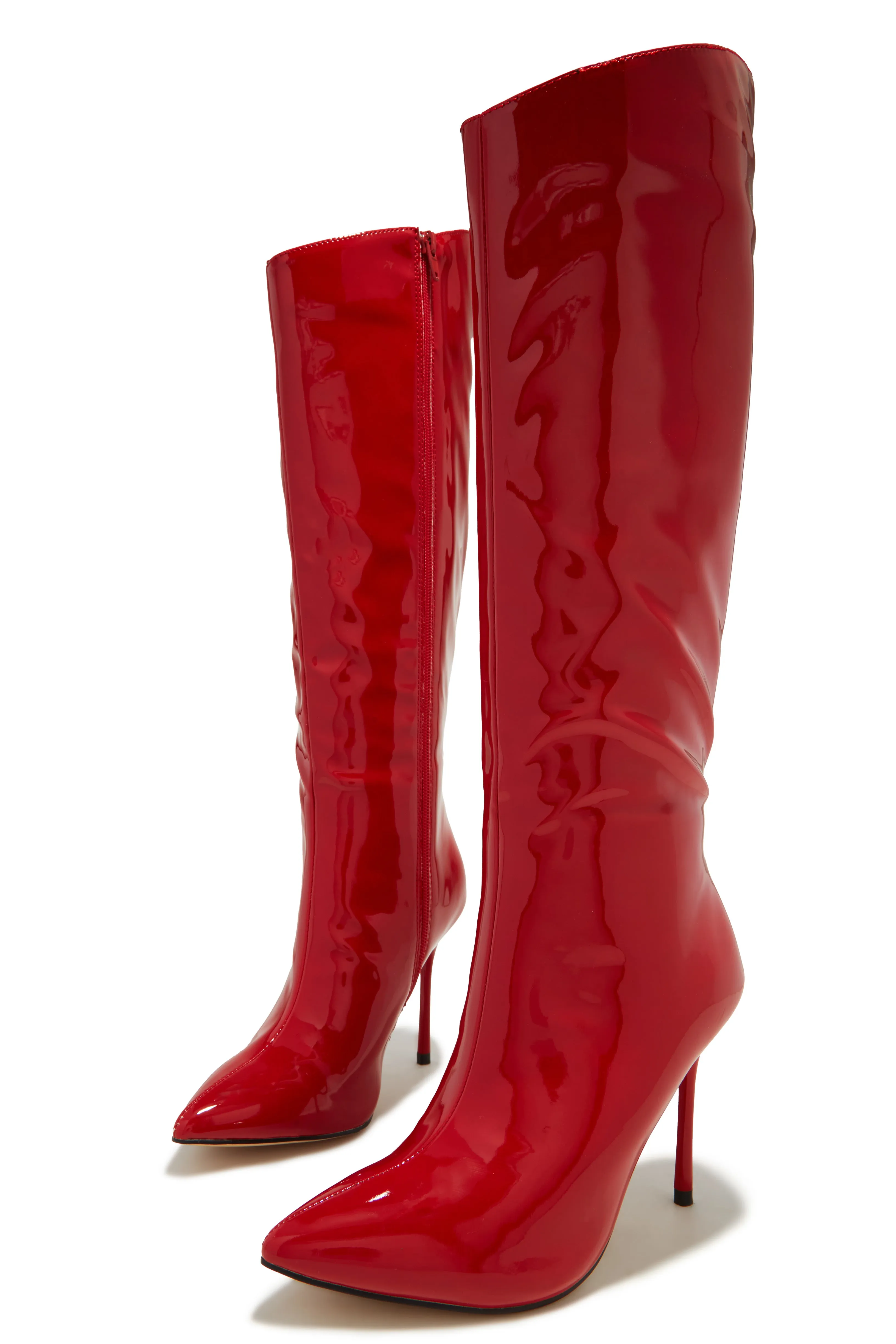 Center Of Attention Asymmetric Knee High Boots - Red sold by Miss Lola product image thumbnail 2