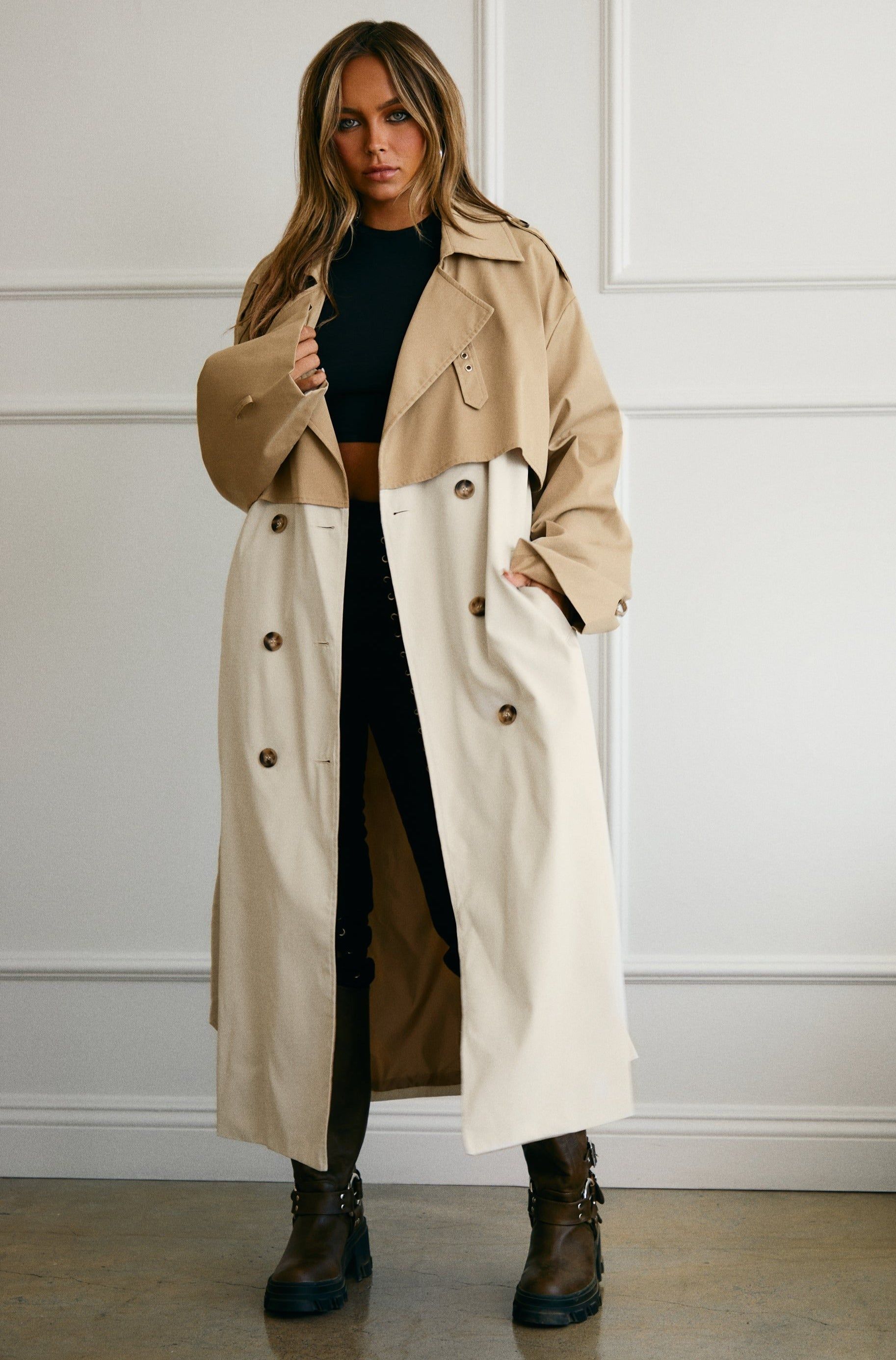Harper Color Blocked Trench Coat - Nude sold by Miss Lola