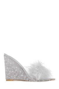 Starla Embellished High Heel Mule Wedges - Silver sold by Miss Lola