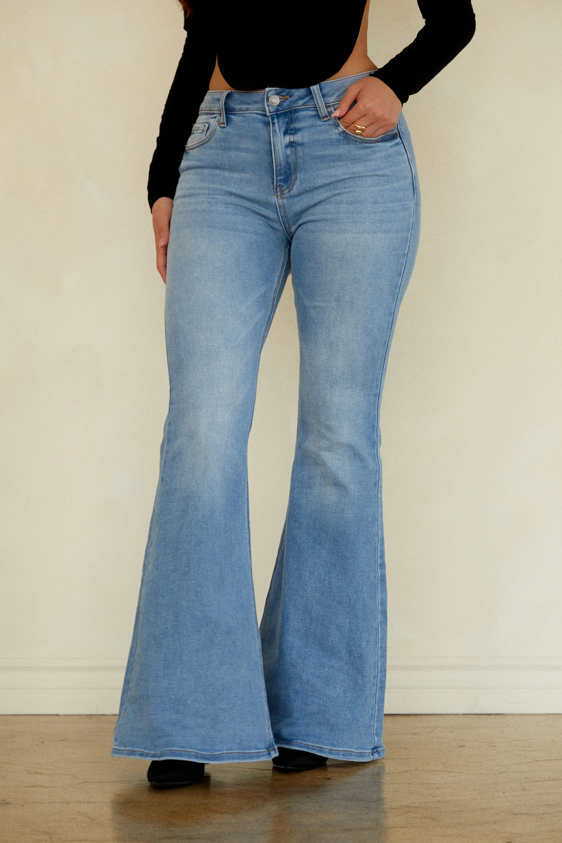Ivette Mid Rise Super Flare Pant - Light Denim sold by Miss Lola