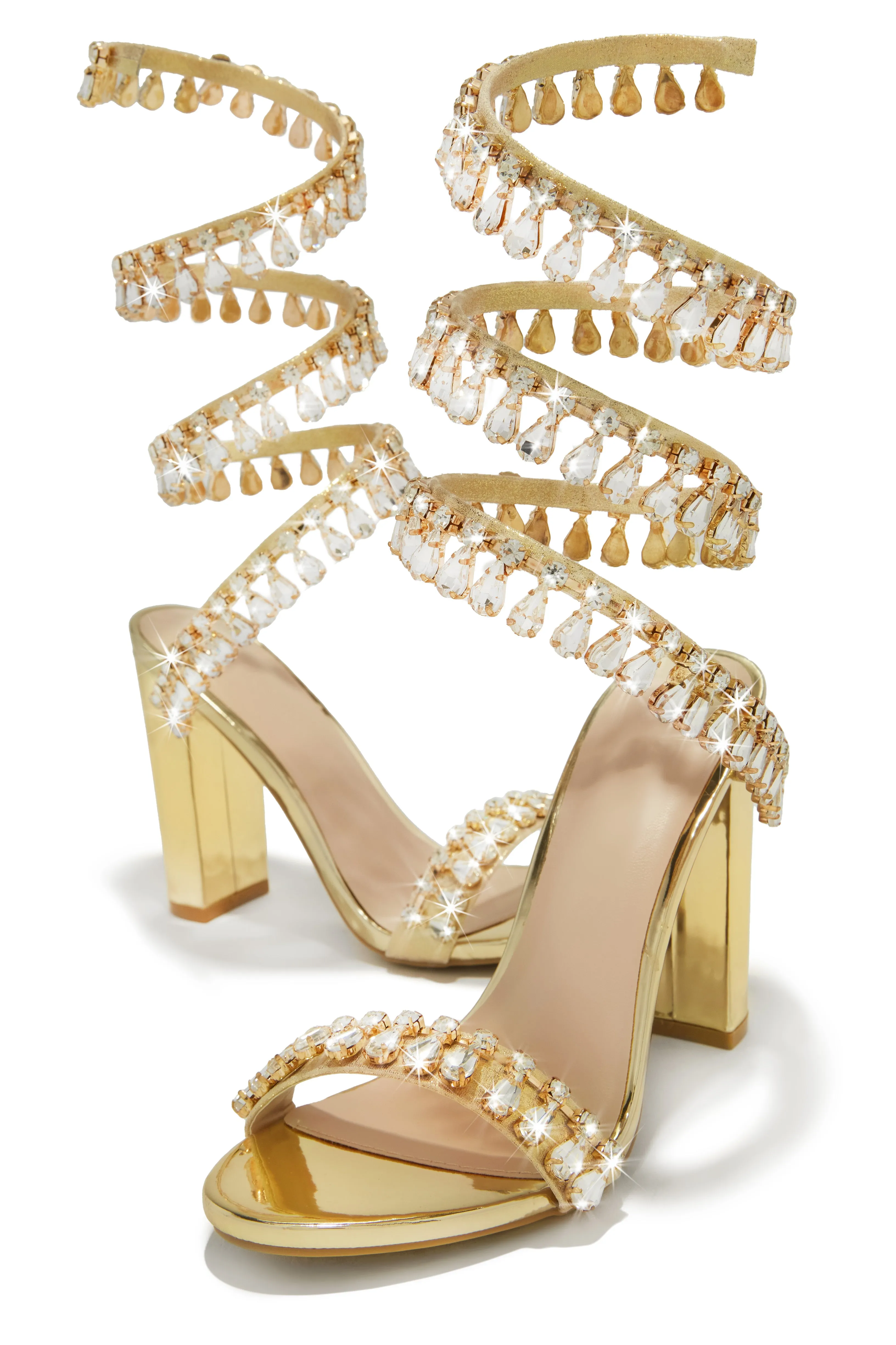 Holiday Party Embellished Around The Ankle Coil Heels - Gold sold by Miss Lola