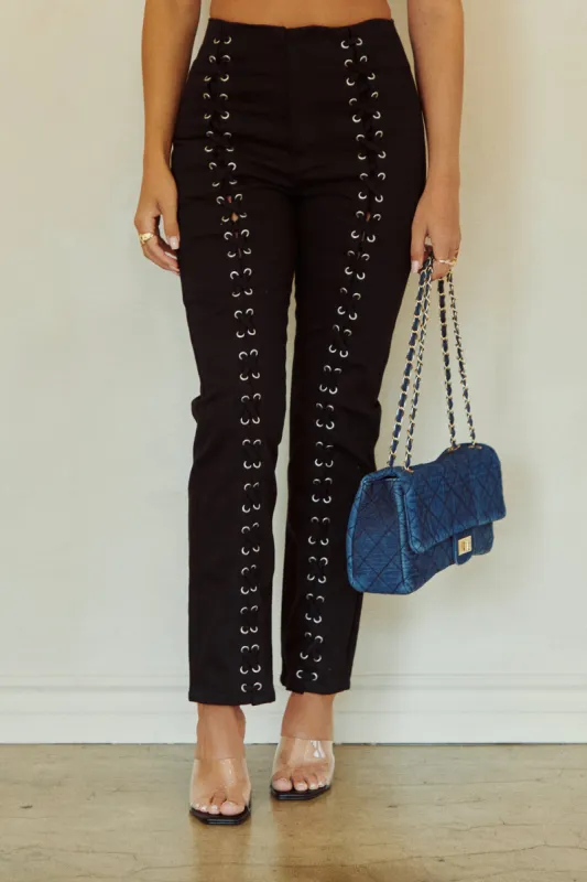 Simani Lattice Detail Straight Leg Pant - Black sold by Miss Lola