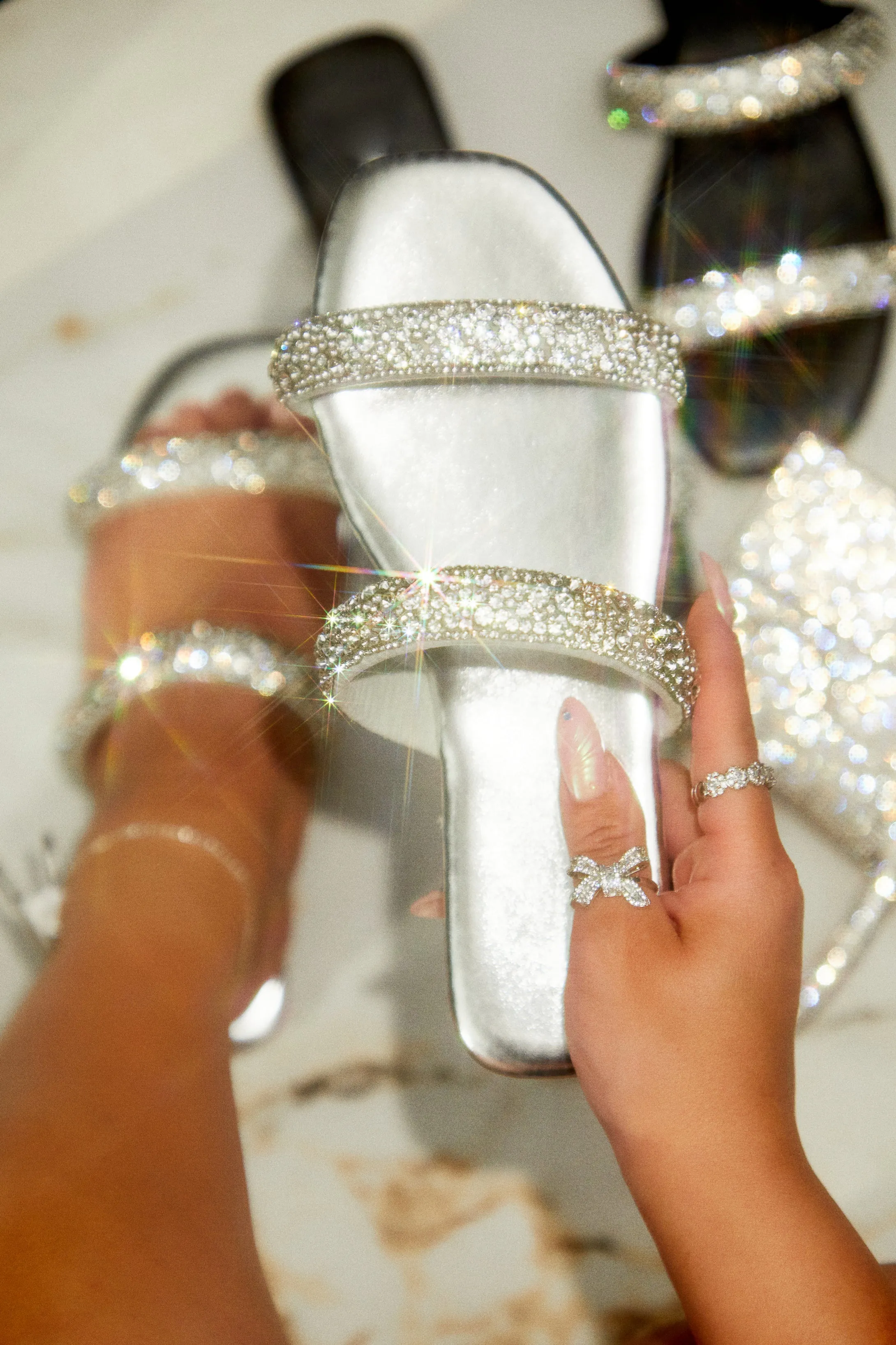 Natalia Embellished Slip On Sandals - Silver sold by Miss Lola