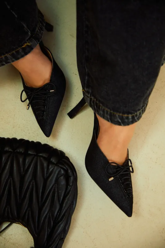 Nyla Pointed Toe Mule Heels - Black Denim sold by Miss Lola