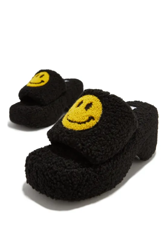 All Smiles Faux Sherpa Platform Slip On Sandals - Black sold by Miss Lola