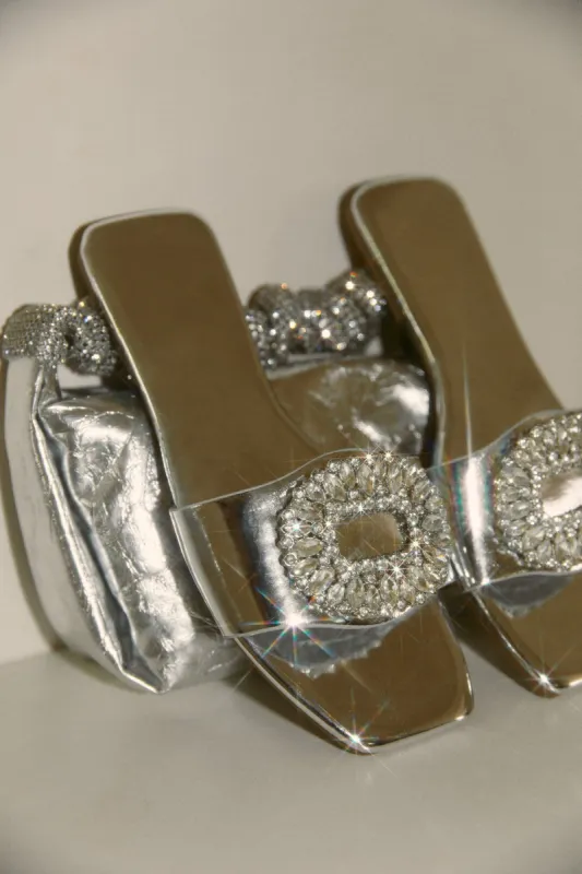 St. Barths Embellished Slip On Sandals - Silver made by Miss Lola