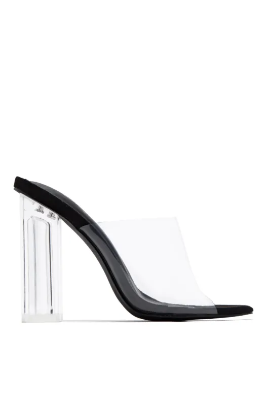 Above Status Clear Strap Block High Heel Mules - Black sold by Miss Lola