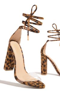 Celebrate Life Clear Strap Lace Up Block Heels - Leopard sold by Miss Lola