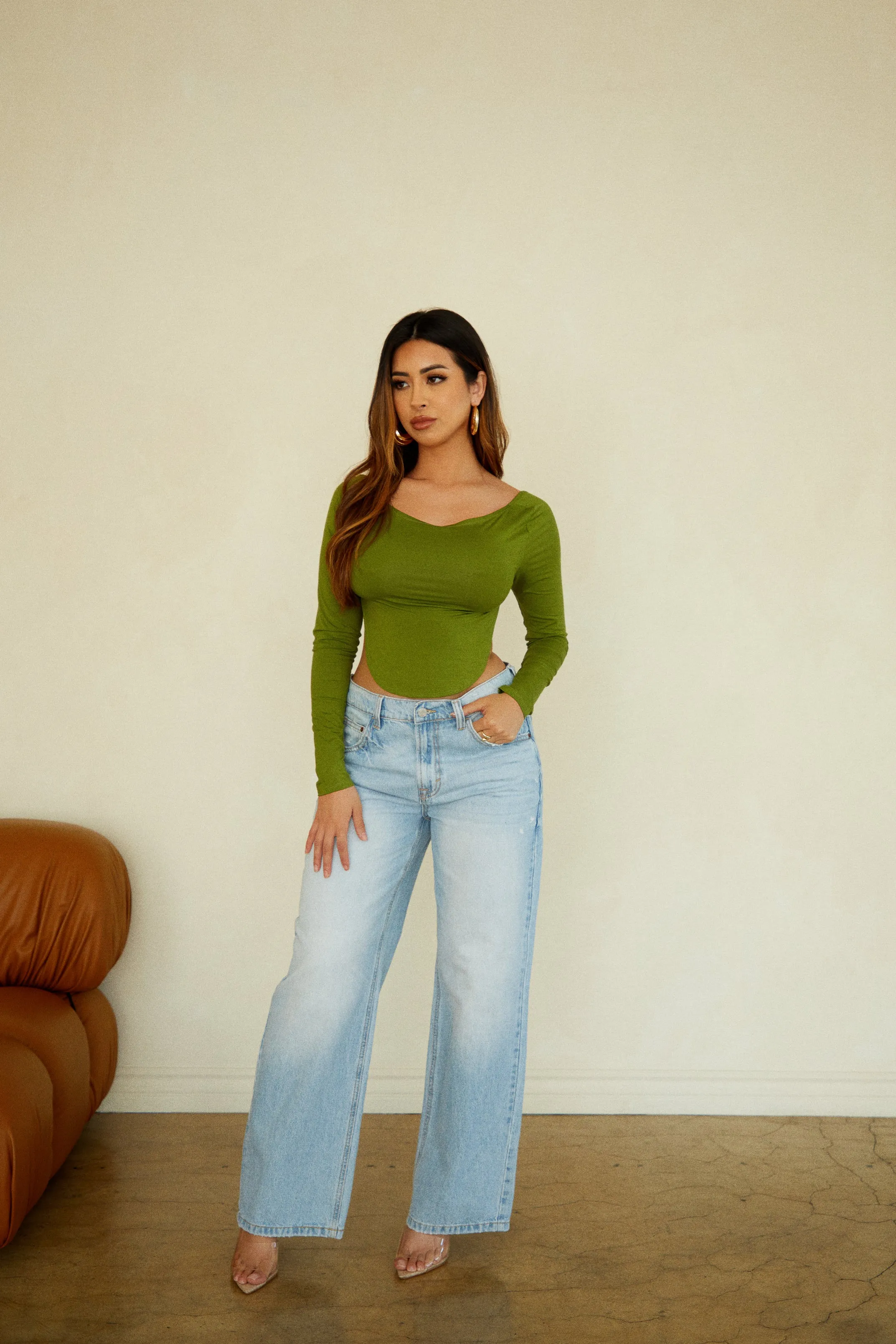 Justine Long Sleeve Open Back Top - Green sold by Miss Lola product image thumbnail 3