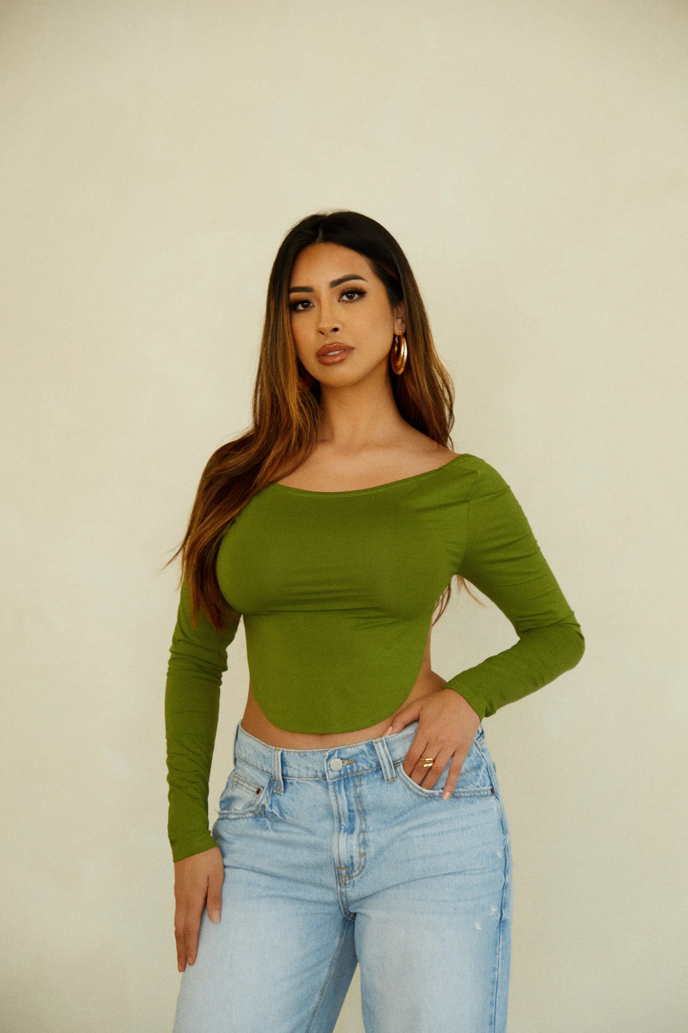 Justine Long Sleeve Open Back Top - Green sold by Miss Lola product image thumbnail 4