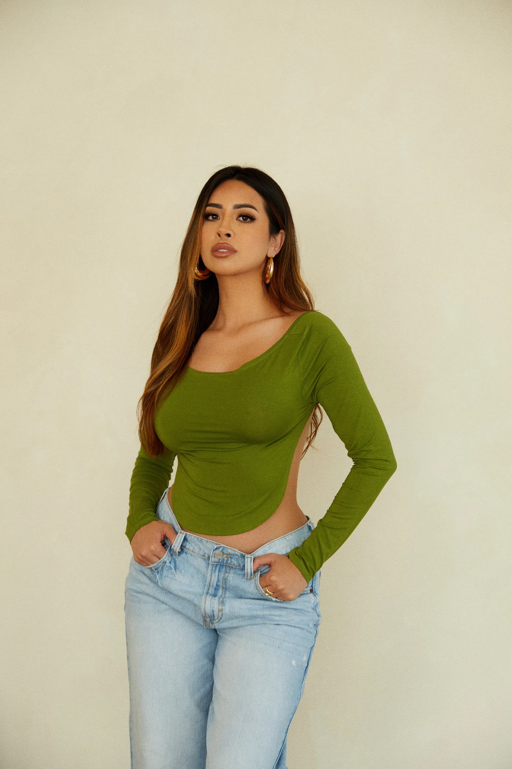 Justine Long Sleeve Open Back Top - Green sold by Miss Lola product image thumbnail 2