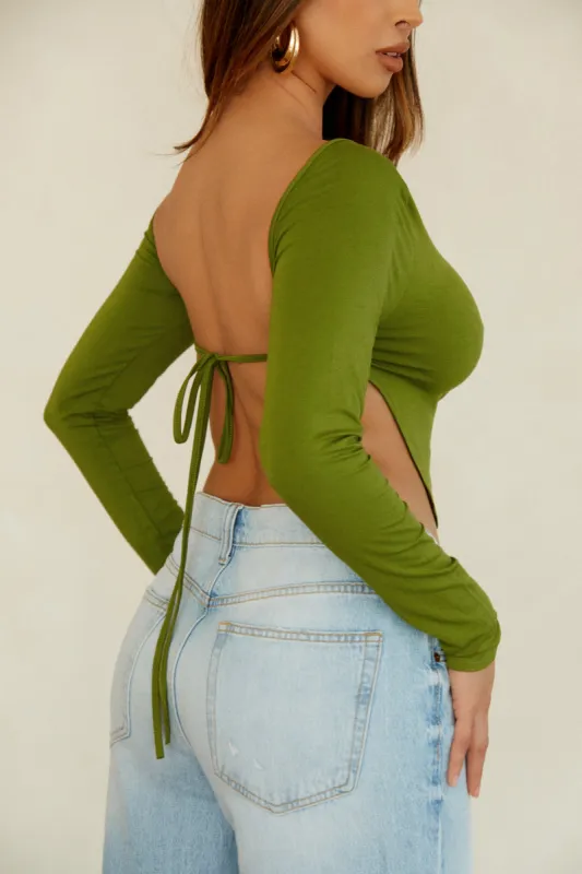 Justine Long Sleeve Open Back Top - Green sold by Miss Lola