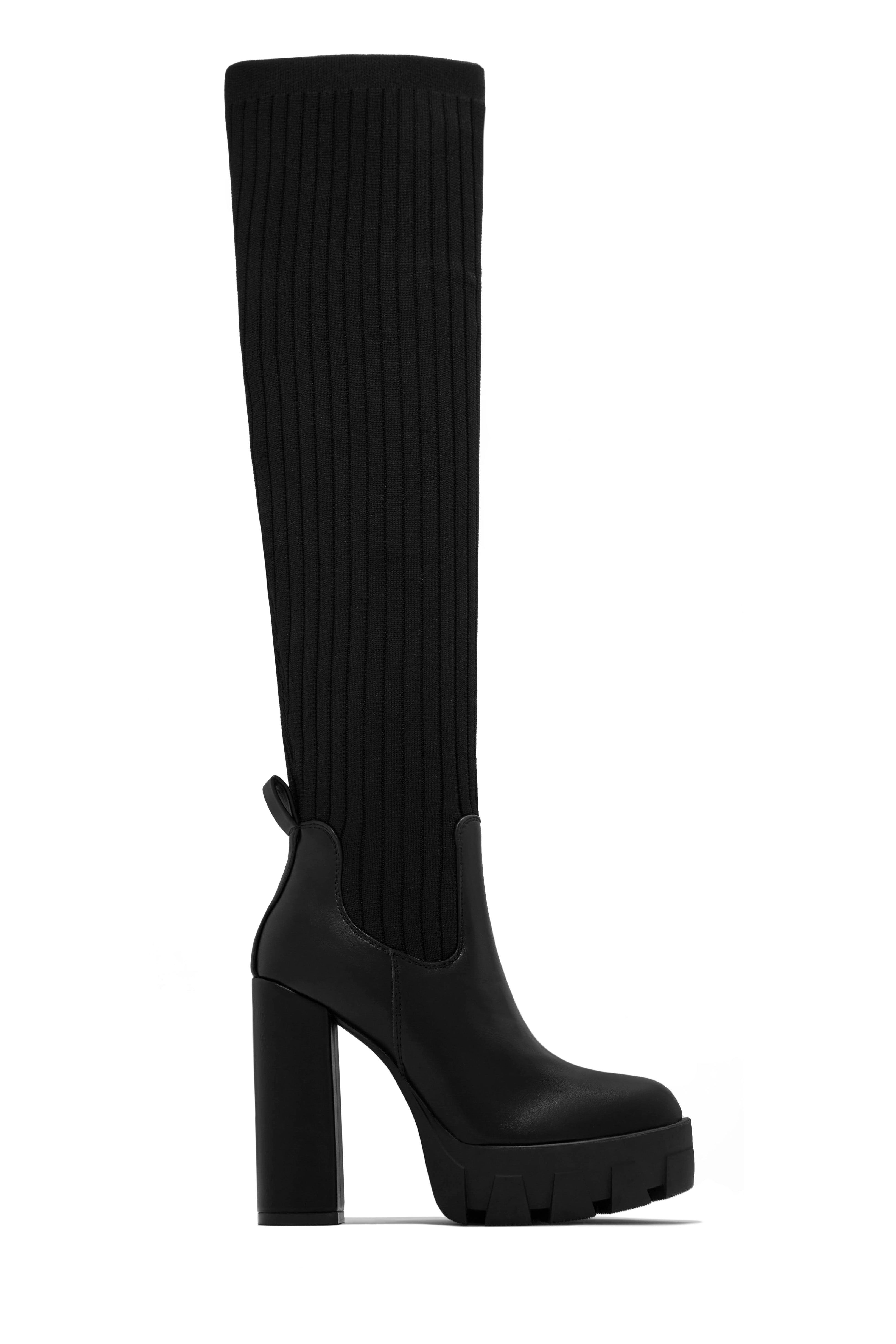 Zoey Over The Knee Platform Boots - Black sold by Miss Lola