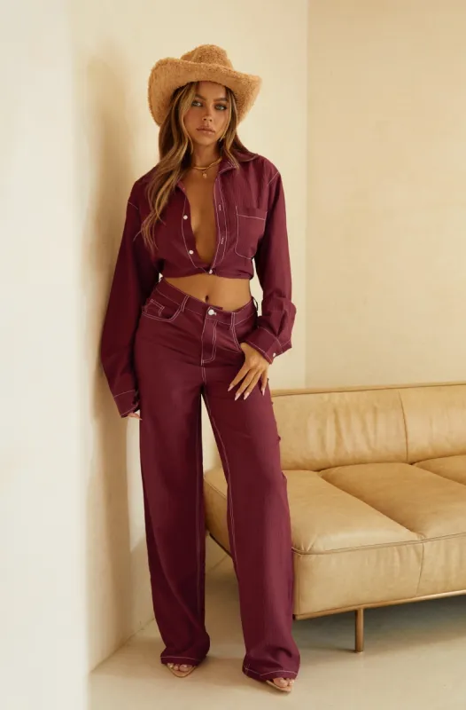 Aleza High Waist Wide Leg Pant - Burgundy sold by Miss Lola