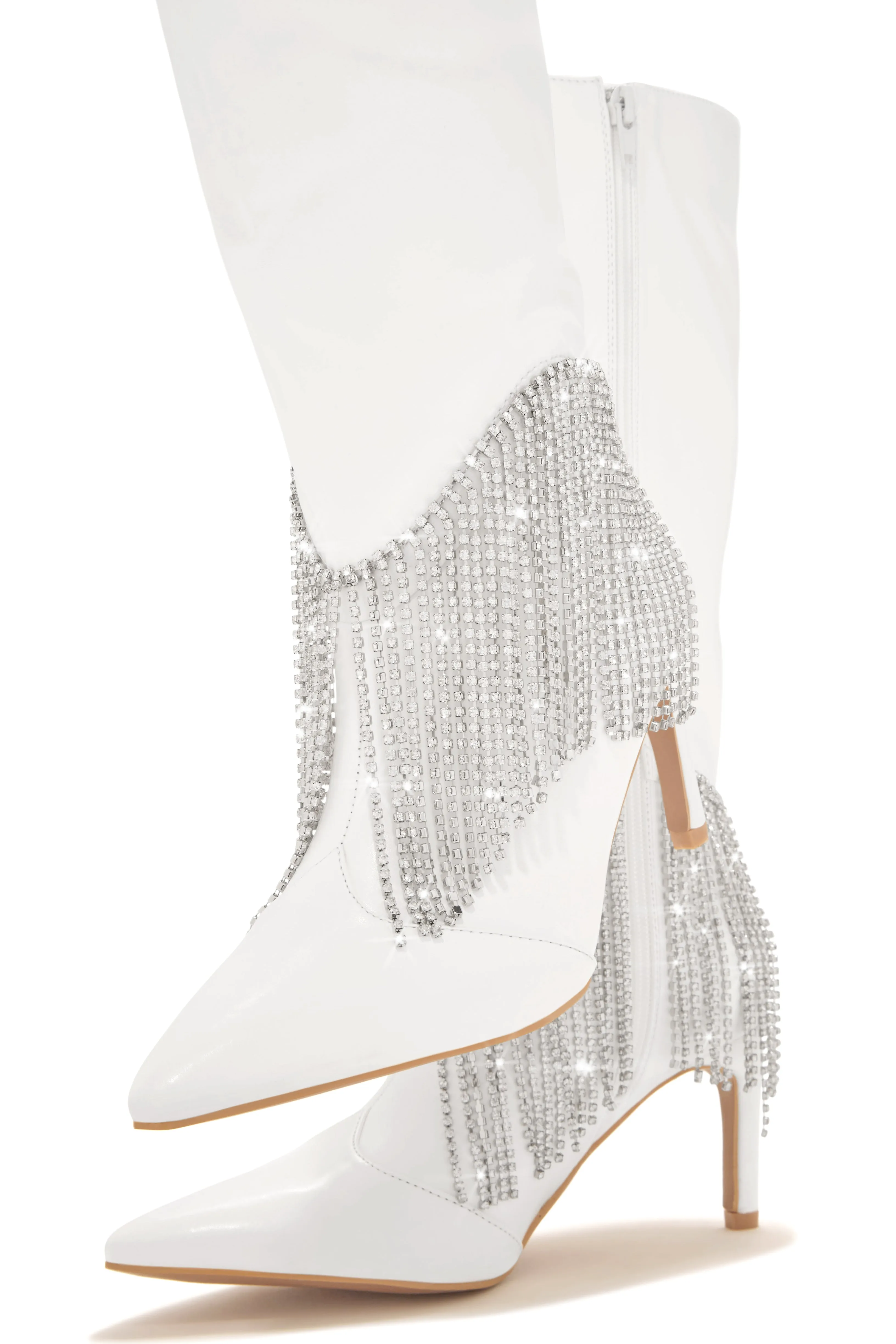 Faye Embellished Fringe Knee High Boots - White sold by Miss Lola product image thumbnail 4