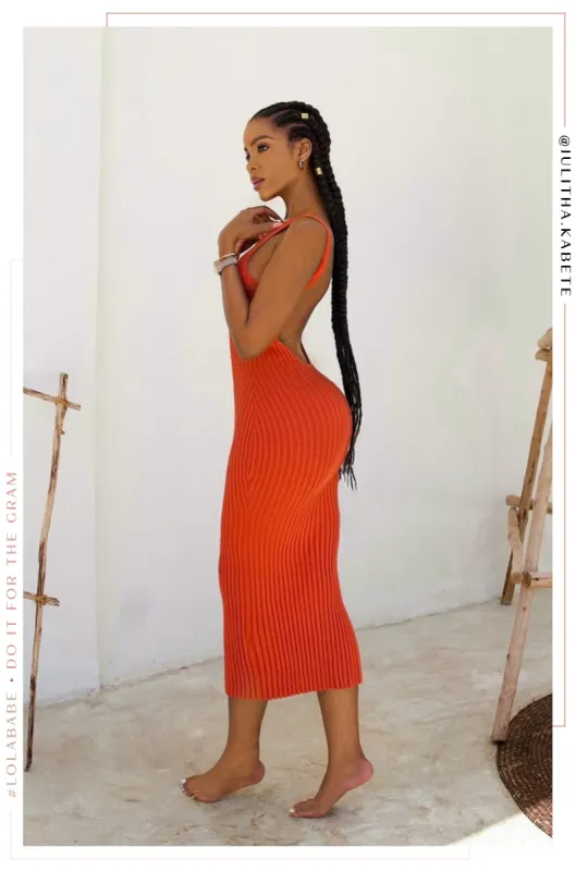 Veronica Open Back Ribbed Dress - Orange sold by Miss Lola