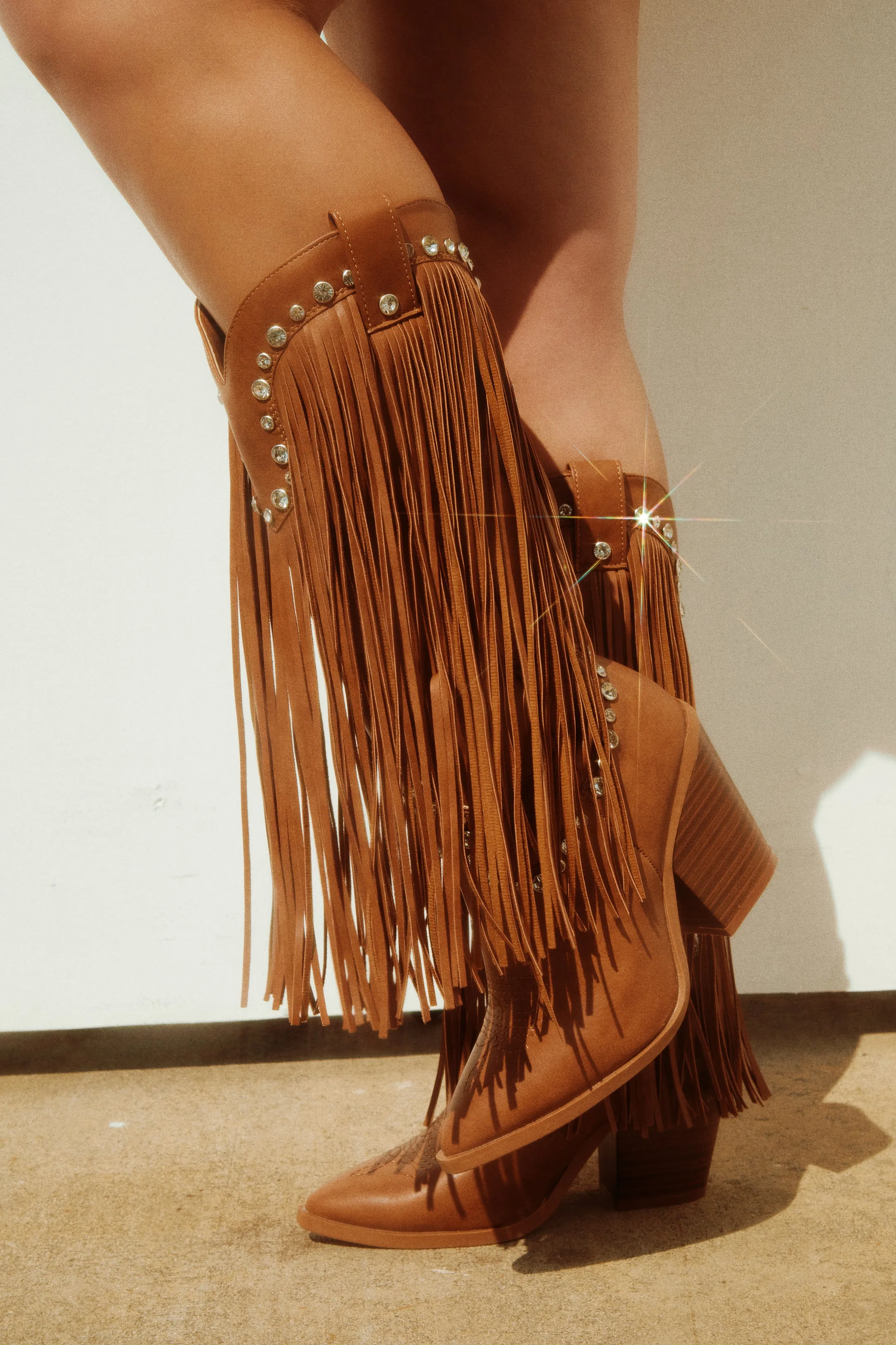 Houston Embellished Fringe Cowgirl Boots - Tan sold by Miss Lola