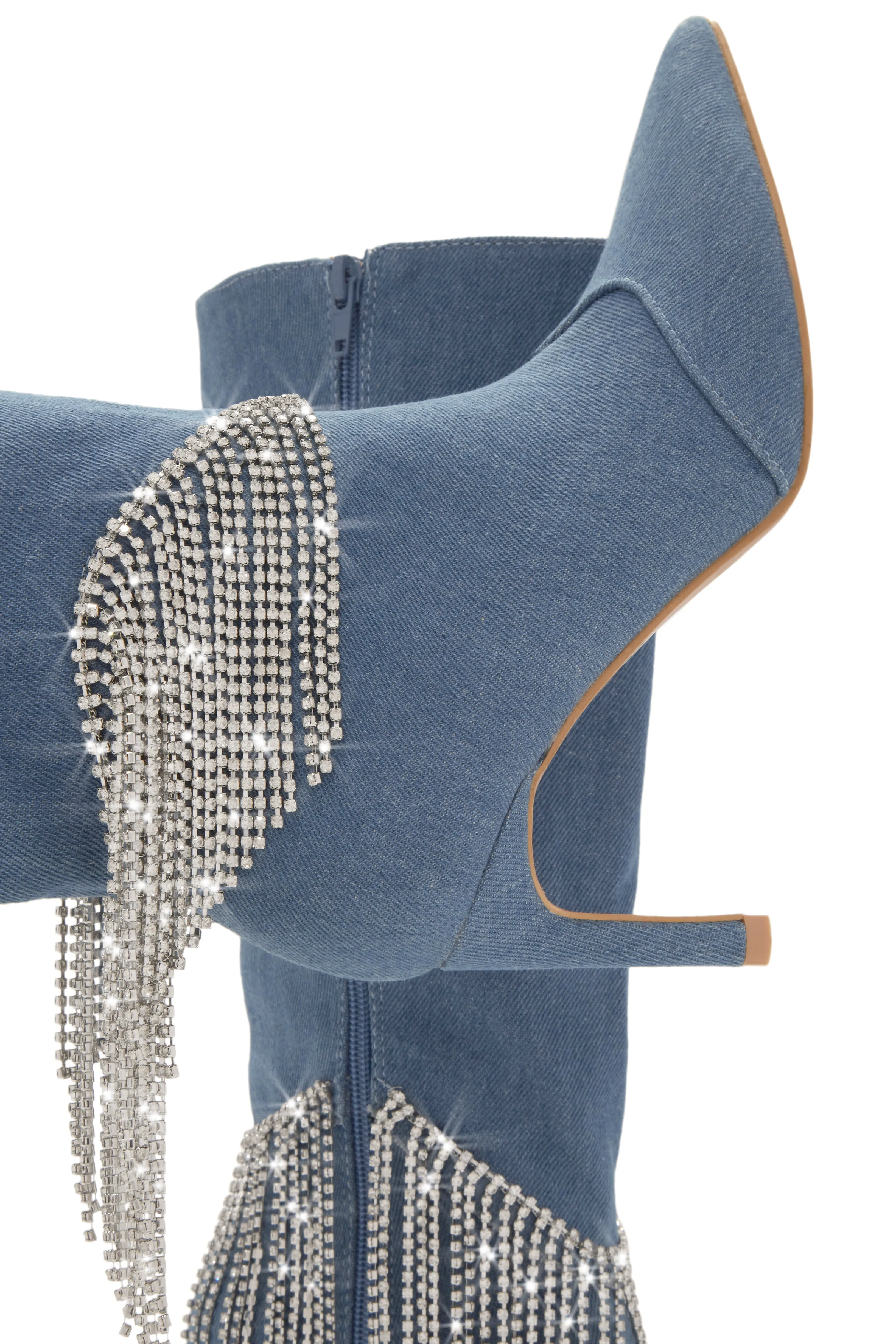 Faye Embellished Fringe Knee High Boots - Denim sold by Miss Lola product image thumbnail 2