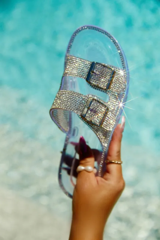 La Mer Embellished Jelly Slip On Sandals - Clear sold by Miss Lola
