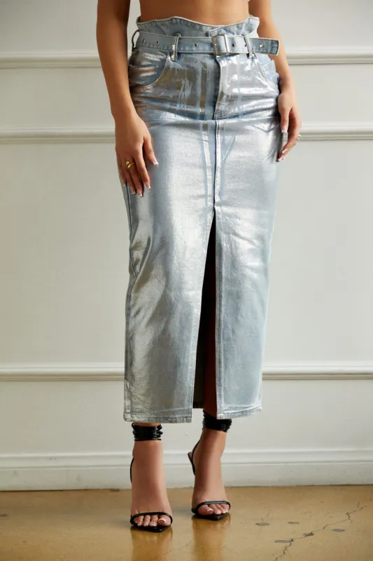 Kendra Metallic Maxi Skirt - Denim sold by Miss Lola