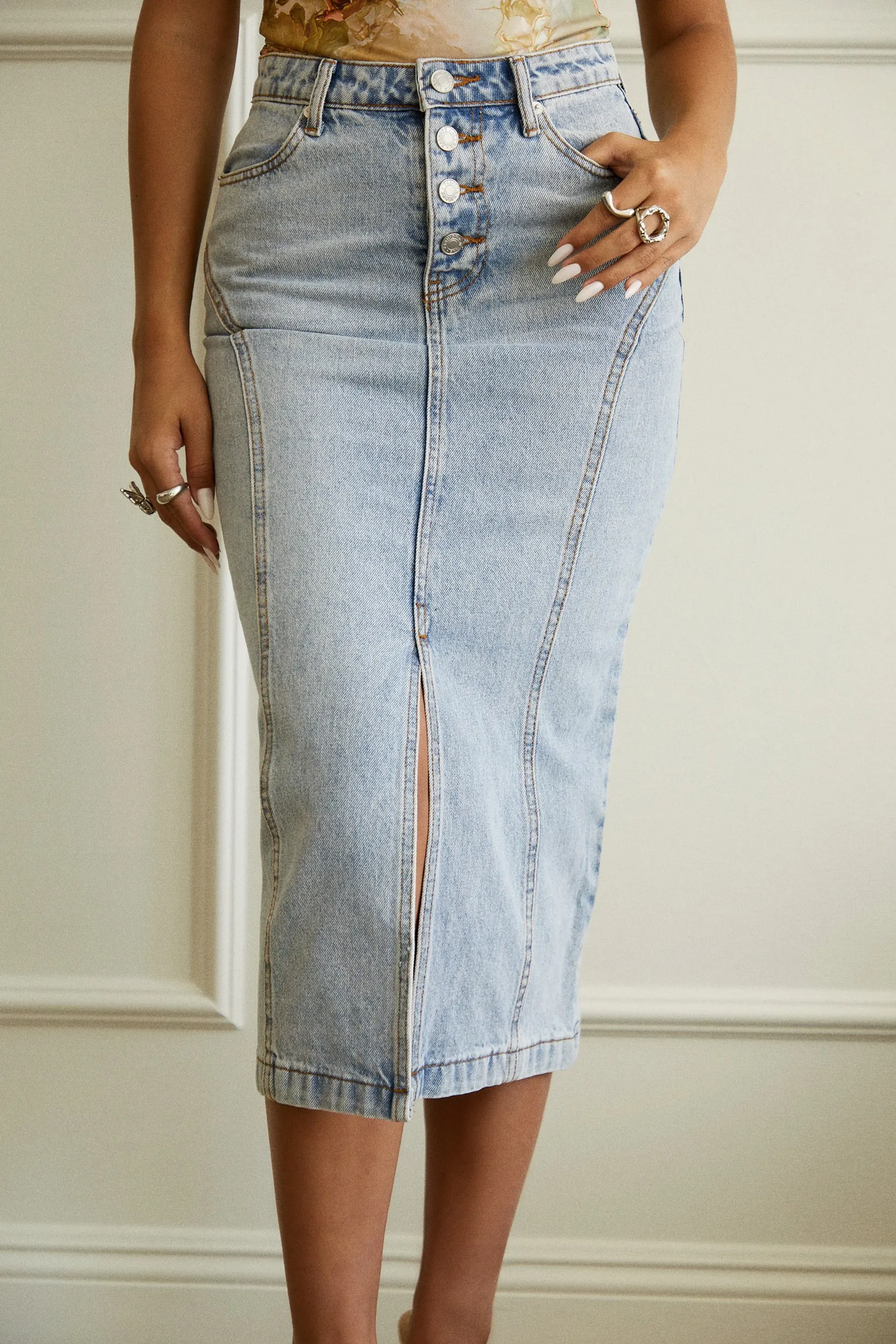 Carol High Waist Midi Skirt - Denim sold by Miss Lola product image thumbnail 3