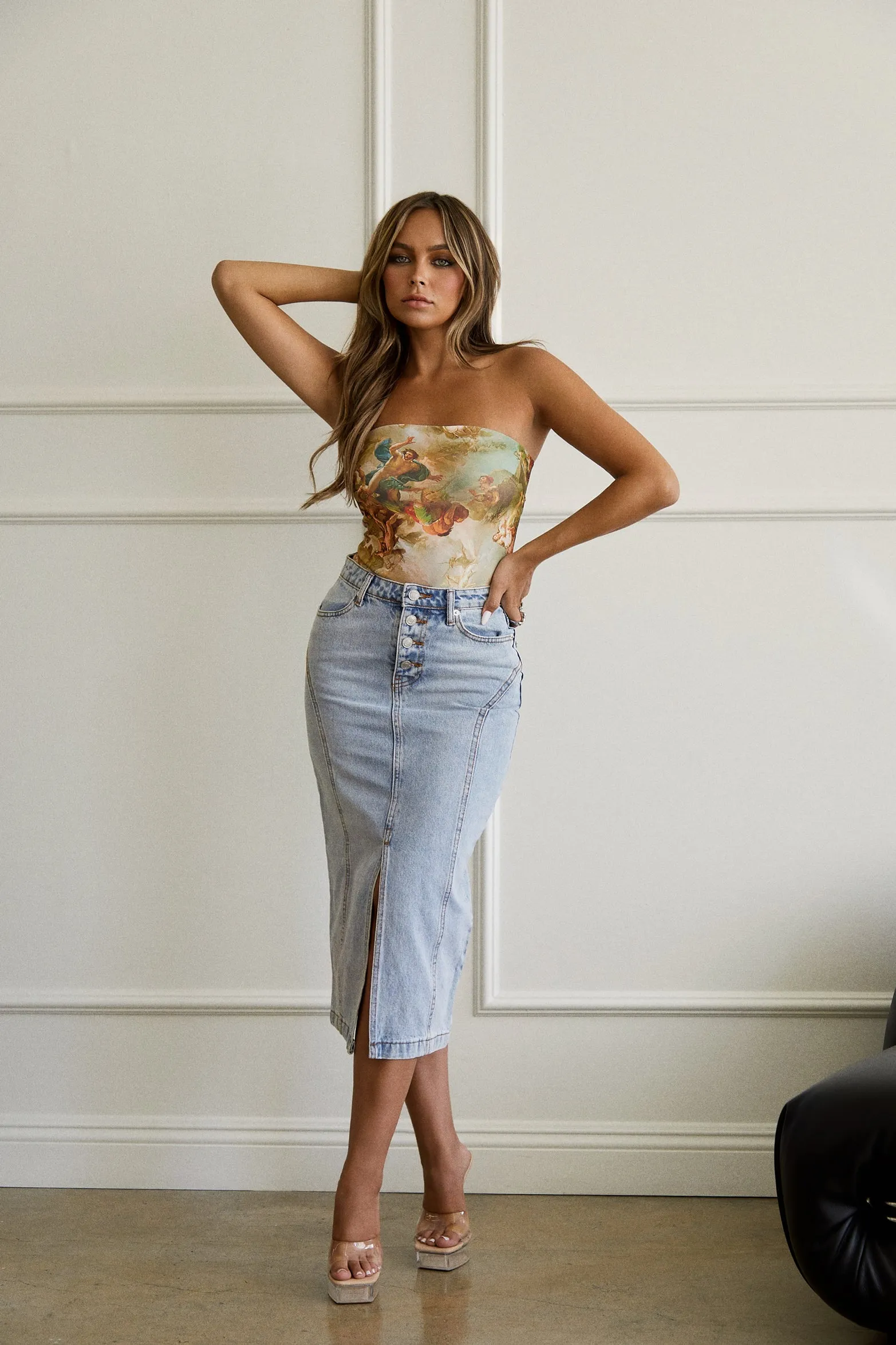 Carol High Waist Midi Skirt - Denim sold by Miss Lola