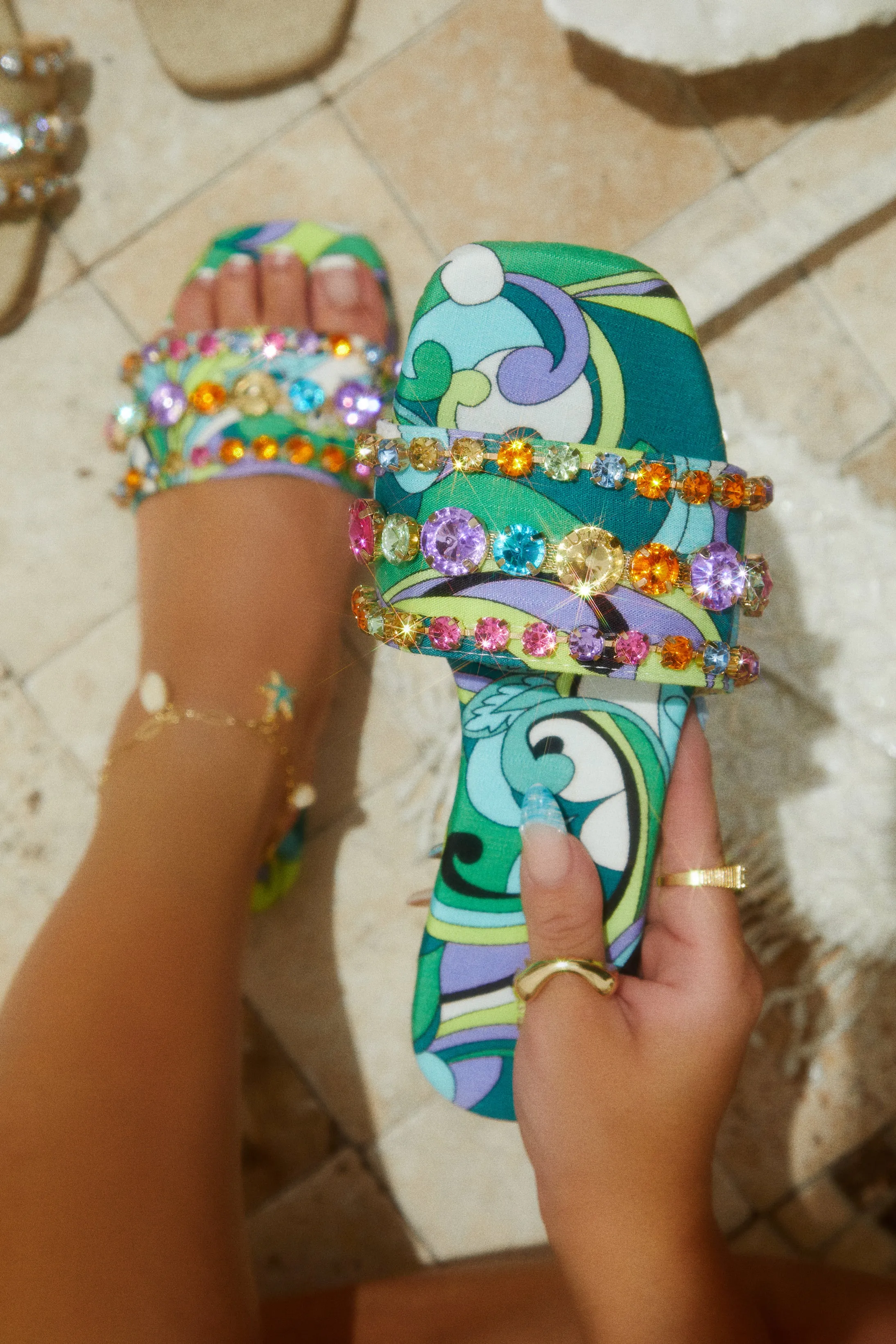 Luxe Paradise Embellished Slip On Sandals - Green sold by Miss Lola