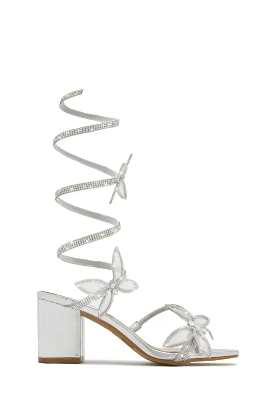 Fantasy Embellished Around The Ankle Coil Block Heels - Silver sold by Miss Lola