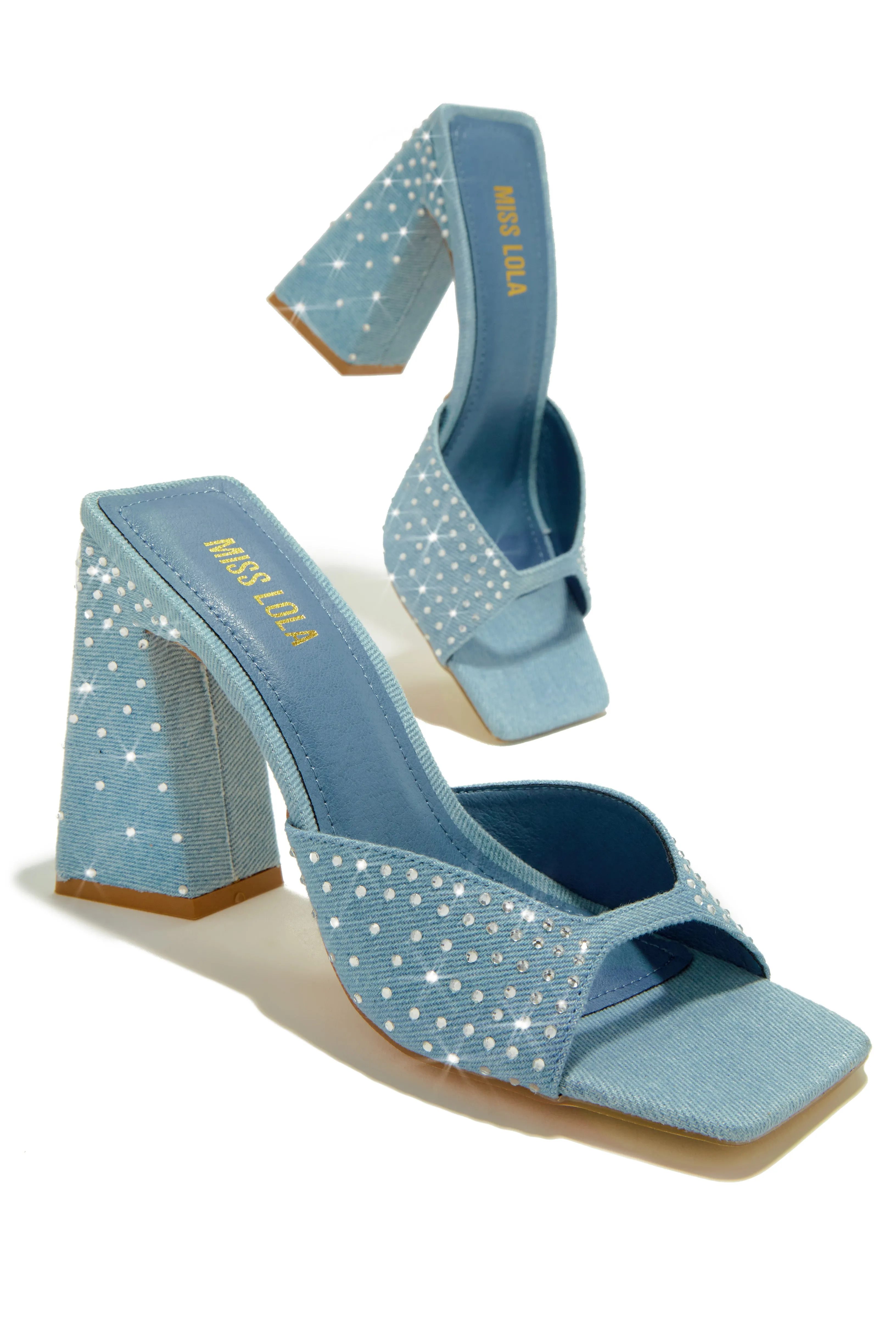 Azaria Embellished Block Heel Mules - Denim sold by Miss Lola product image thumbnail 3