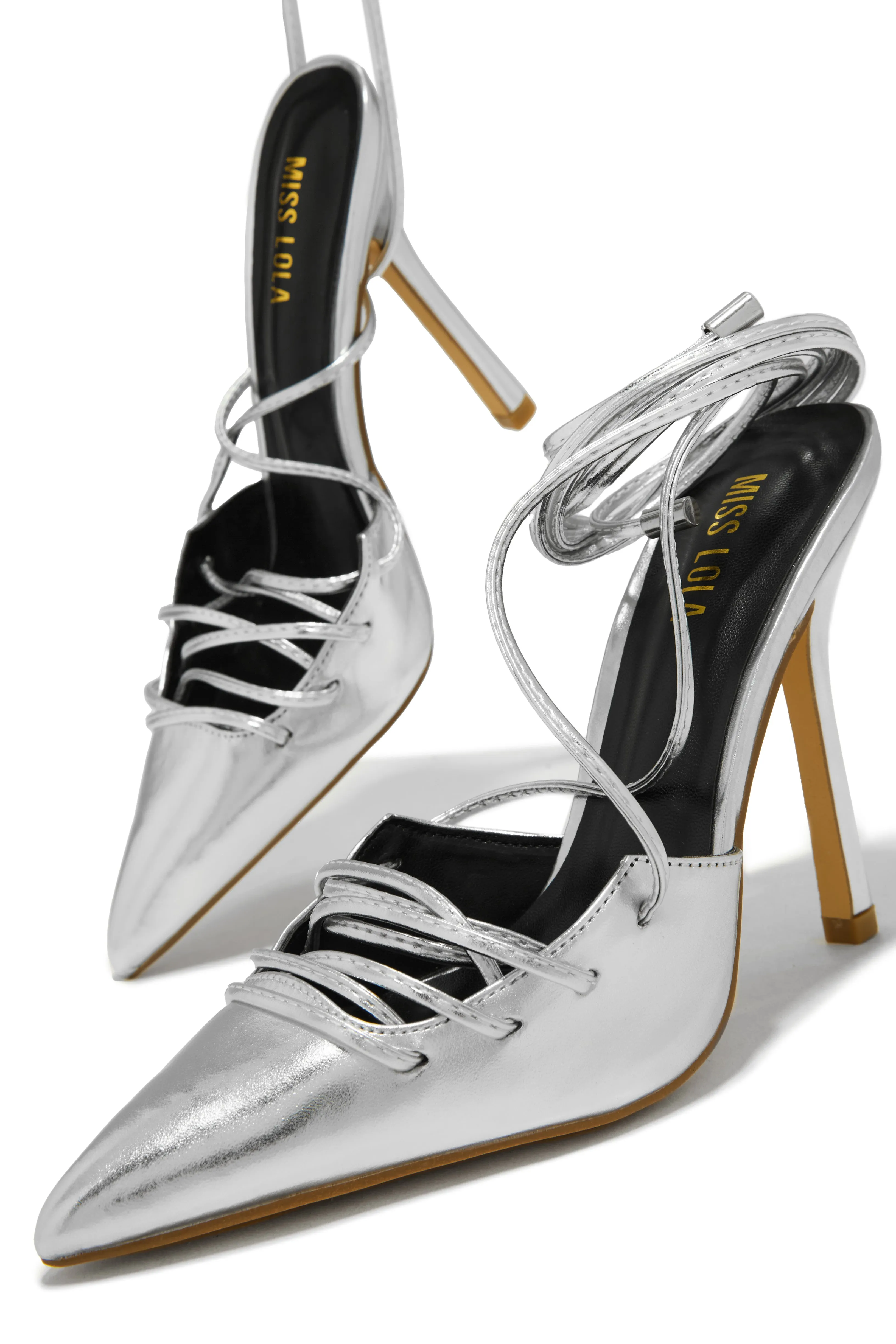 Simone Lace Up High Heel Pumps - Silver sold by Miss Lola product image thumbnail 3