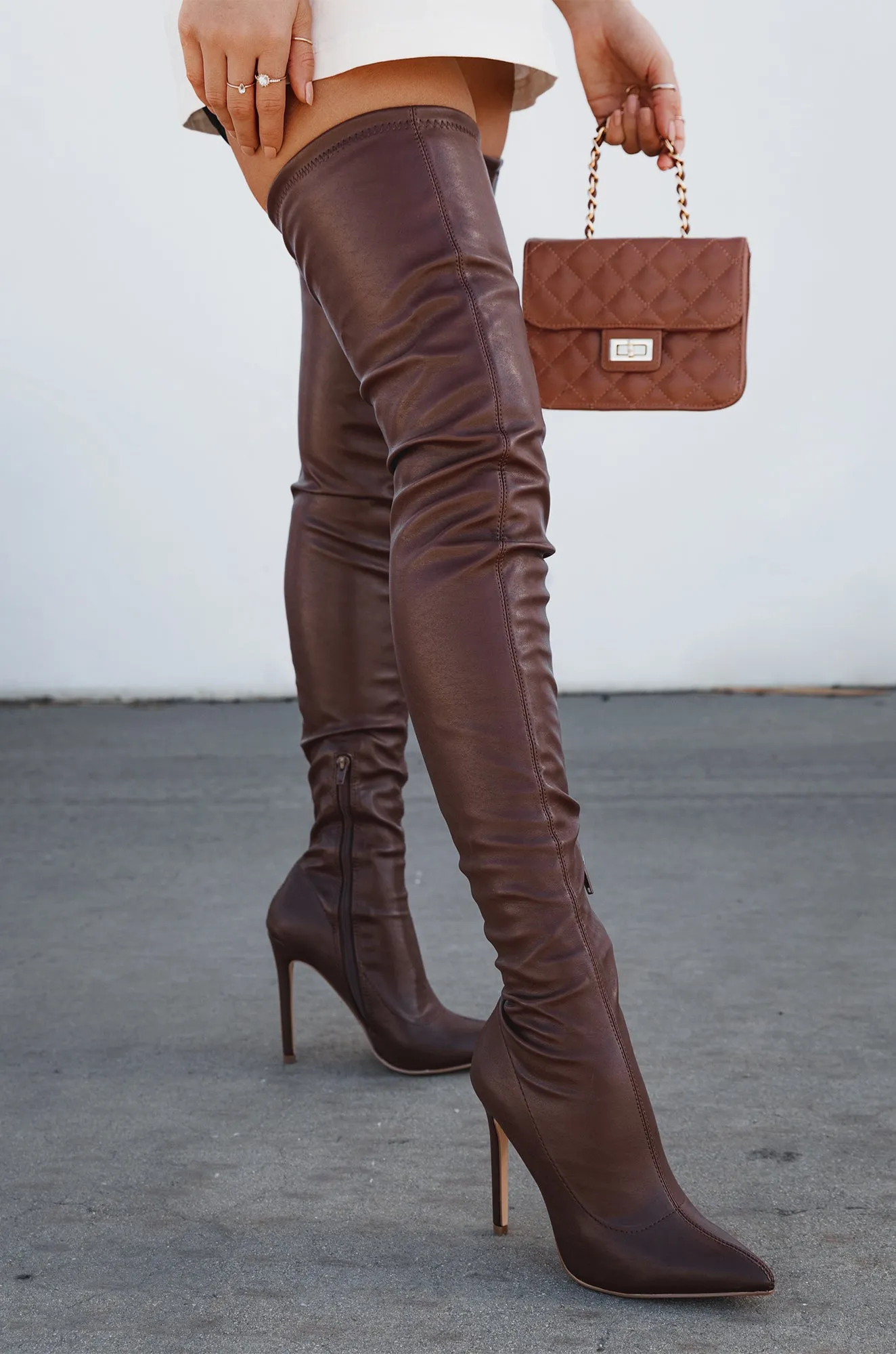 Groundbreaking Over The Knee High Heel Boots - Mocha PU sold by Miss Lola