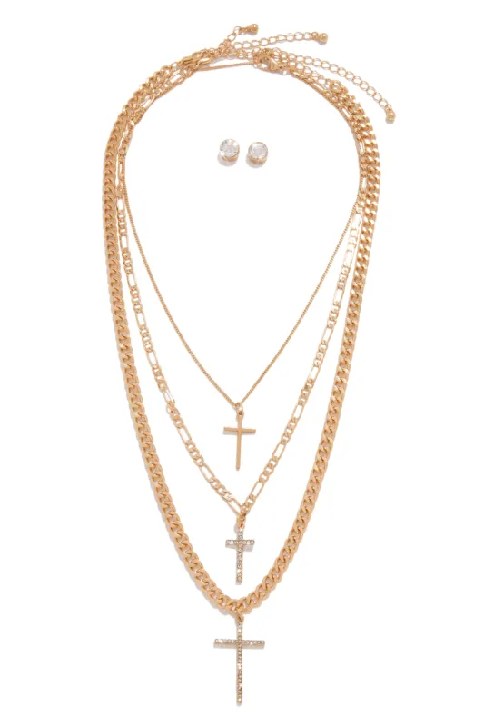 I Am Loved Cross Pendant Layered Necklace Set - Gold sold by Miss Lola