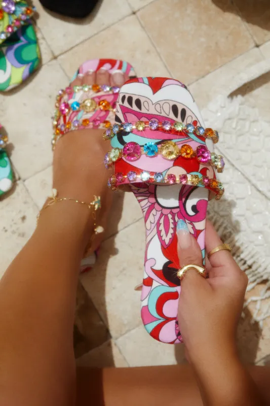 Luxe Paradise Embellished Slip On Sandals - Pink sold by Miss Lola