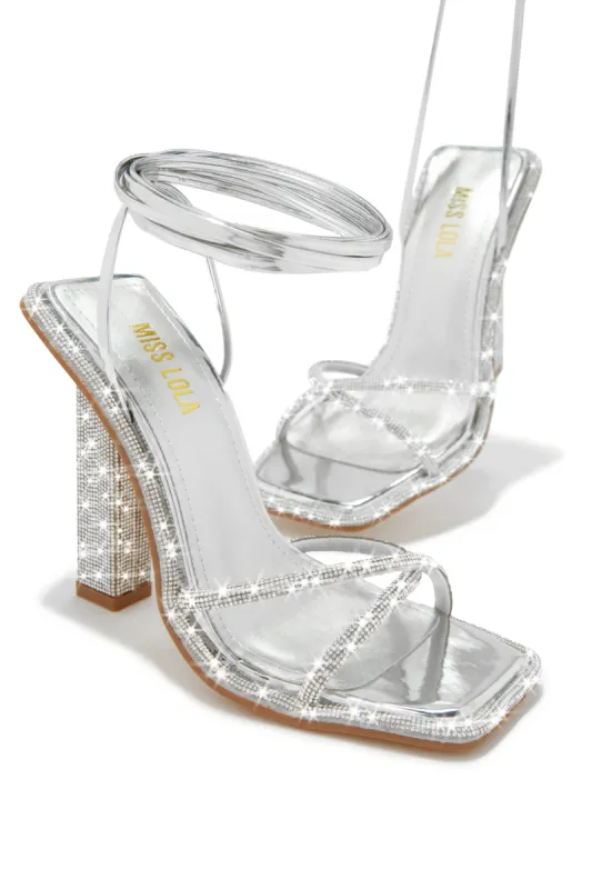 Crystal Embellished Lace Up High Heels - Silver sold by Miss Lola