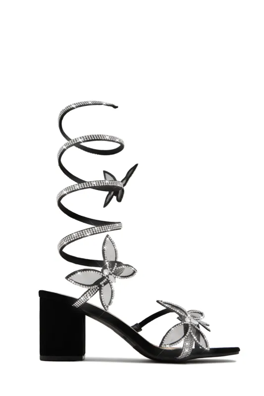 Fantasy Embellished Around The Ankle Coil Block Heels - Black sold by Miss Lola