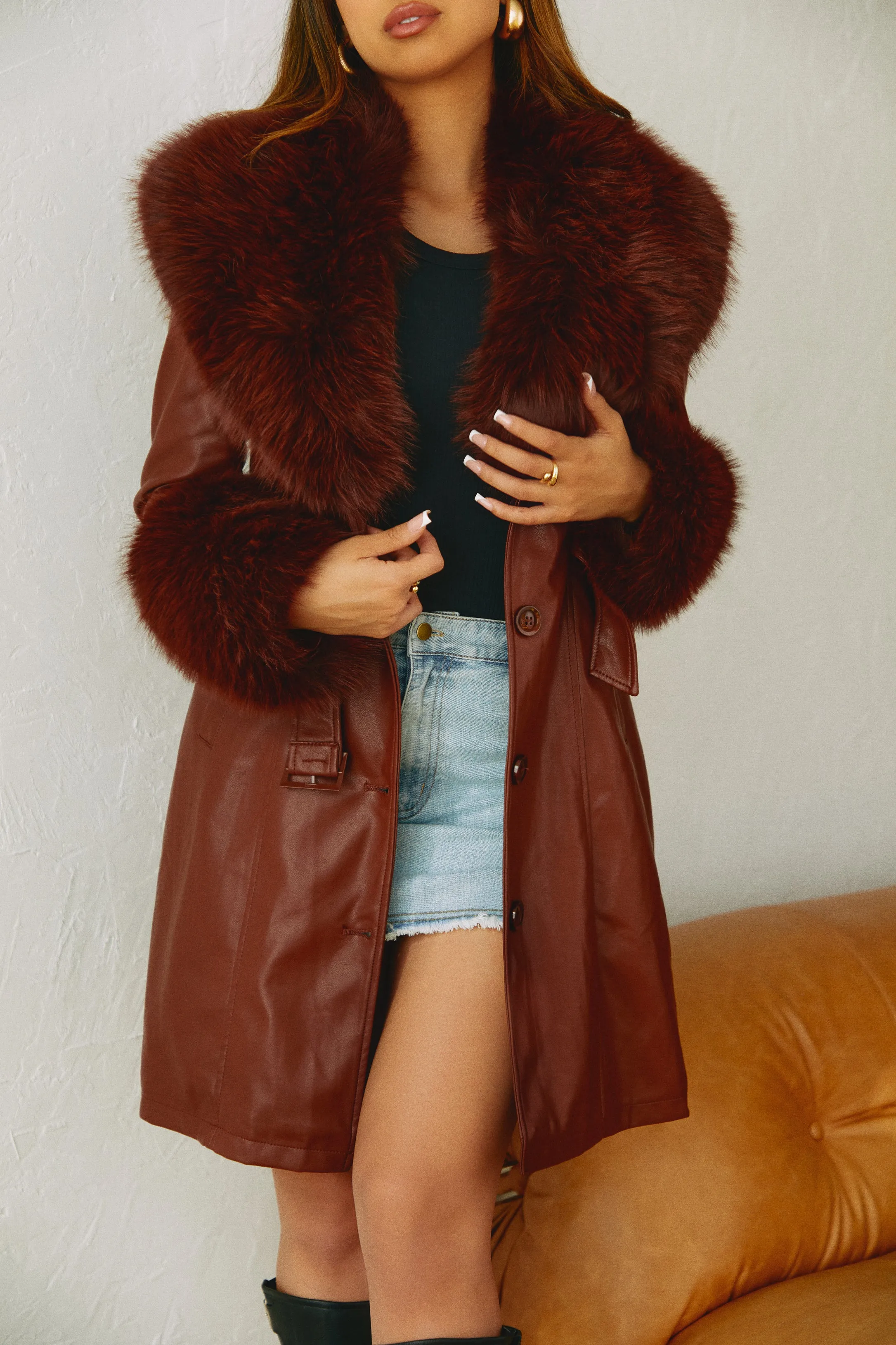 Ameria PU Faux Fur Coat - Coffee sold by Miss Lola product image thumbnail 4